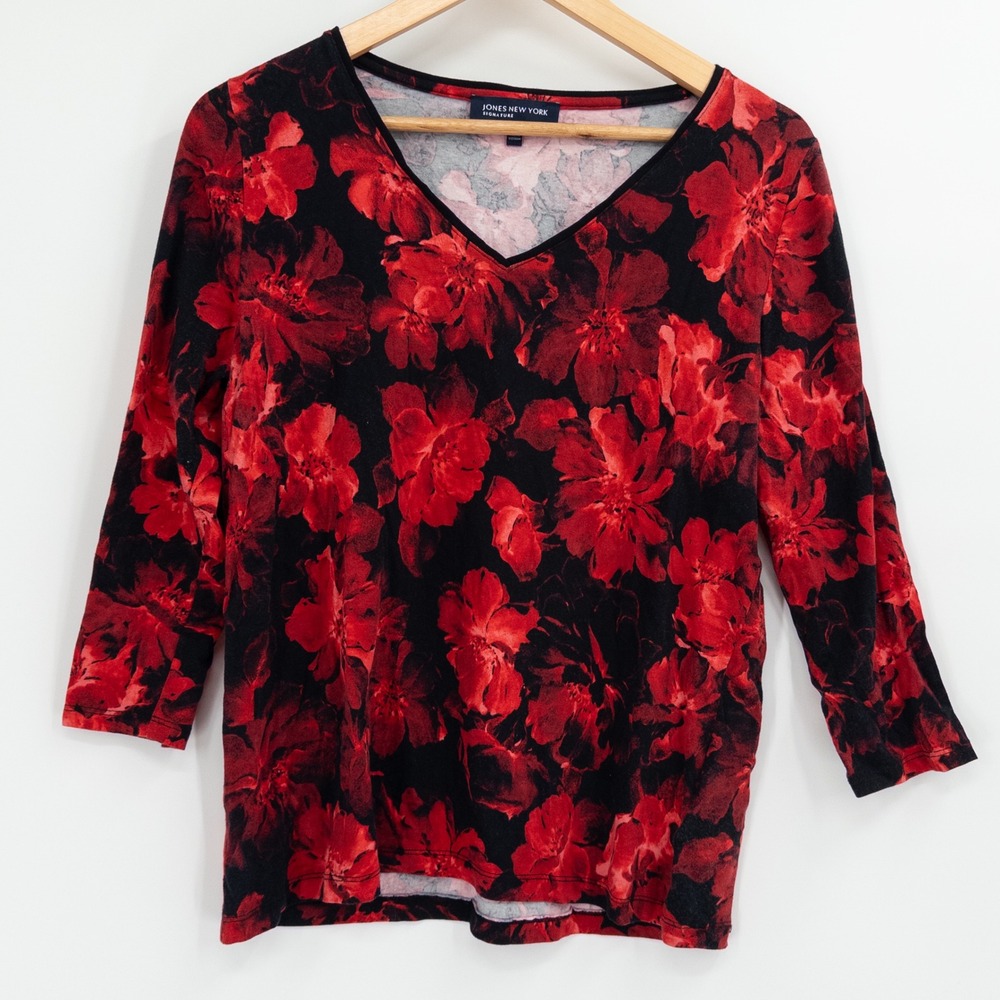 Jones New York V-Neck Top Women L Red Black Floral Romantic Dark Academia Boo